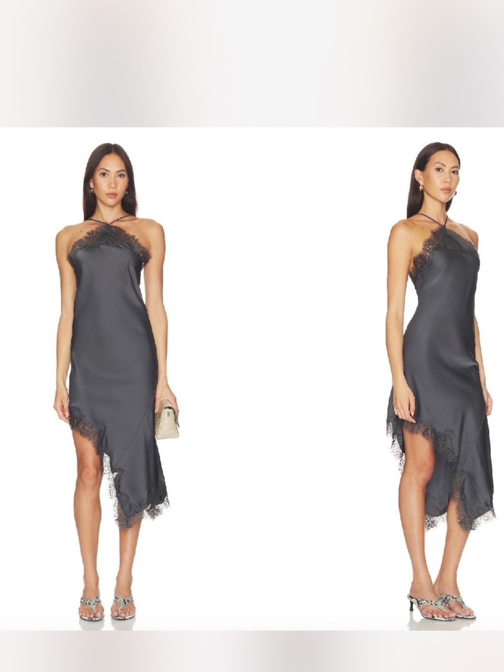 Satin Lace-Trim Asymmetrical Slip Dress - Charcoal